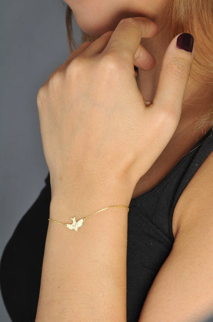 14k Gold Bird Bracelet-Personalized Bracelet-Soar Bird Bracelet-Dove Bracelet-Gold-Personalized Gift-Bracelet-JX14