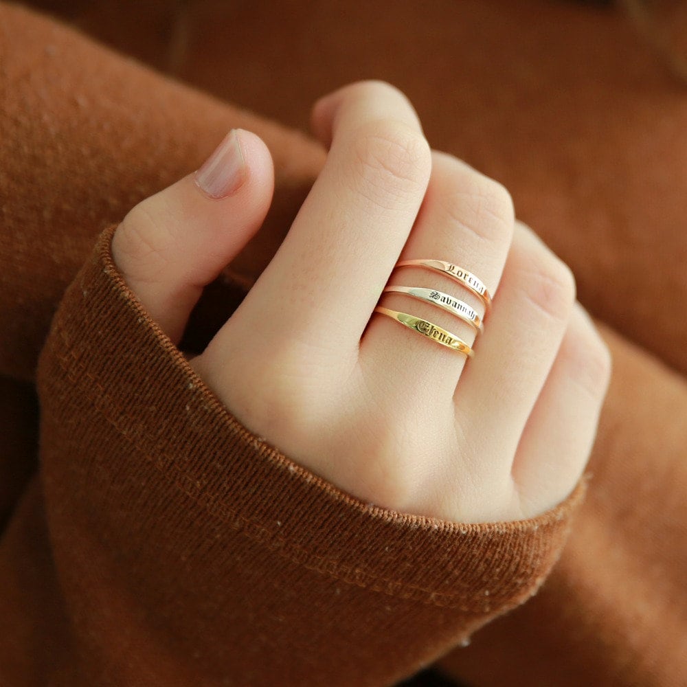 14k Gold Dainty Stacking Ring,Custom Stackable Ring,Initial Ring,Name Ring,Gift For Mom,Gothic Name Ring,JX23