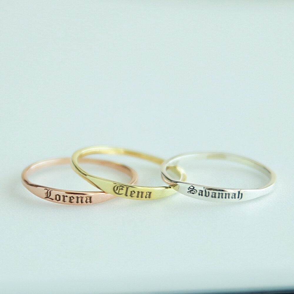 14k Gold Dainty Stacking Ring,Custom Stackable Ring,Initial Ring,Name Ring,Gift For Mom,Gothic Name Ring,JX23