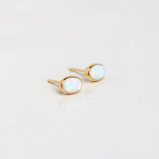 Oval Opal Stud Earrings, Dainty Opal Jewelry, Opal Earrings in Gold,Silver and Rose Gold,JX63