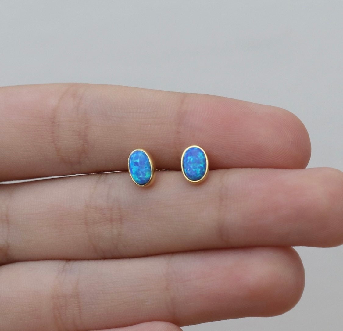 Blue Opal Stud Earrings,14k Gold Earrings,Dainty Opal Earrings.Minimalist Errings, Real Opal Earrings,JX66