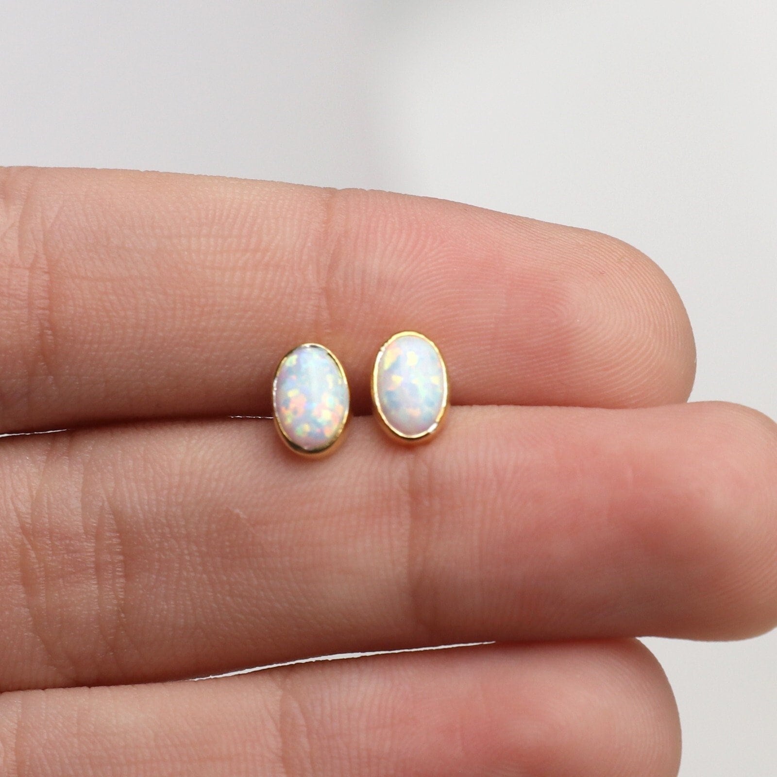 Oval Opal Stud Earrings, Dainty Opal Jewelry, Opal Earrings in Gold,Silver and Rose Gold,JX63