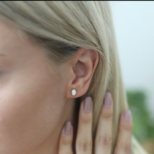Oval Opal Stud Earrings, Dainty Opal Jewelry, Opal Earrings in Gold,Silver and Rose Gold,JX63