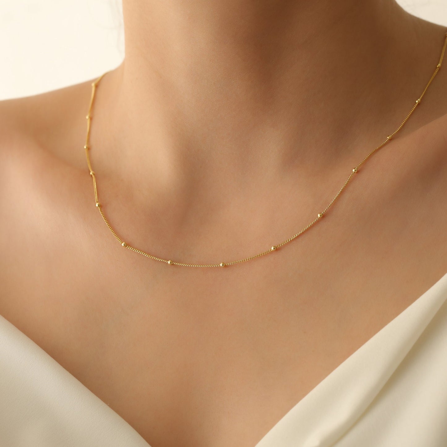 14k Gold Beaded Satellite Chain,Dew Drops,Simple,Gold Filled,Sterling Silver or Rose,Everday Layering Necklace,JX108