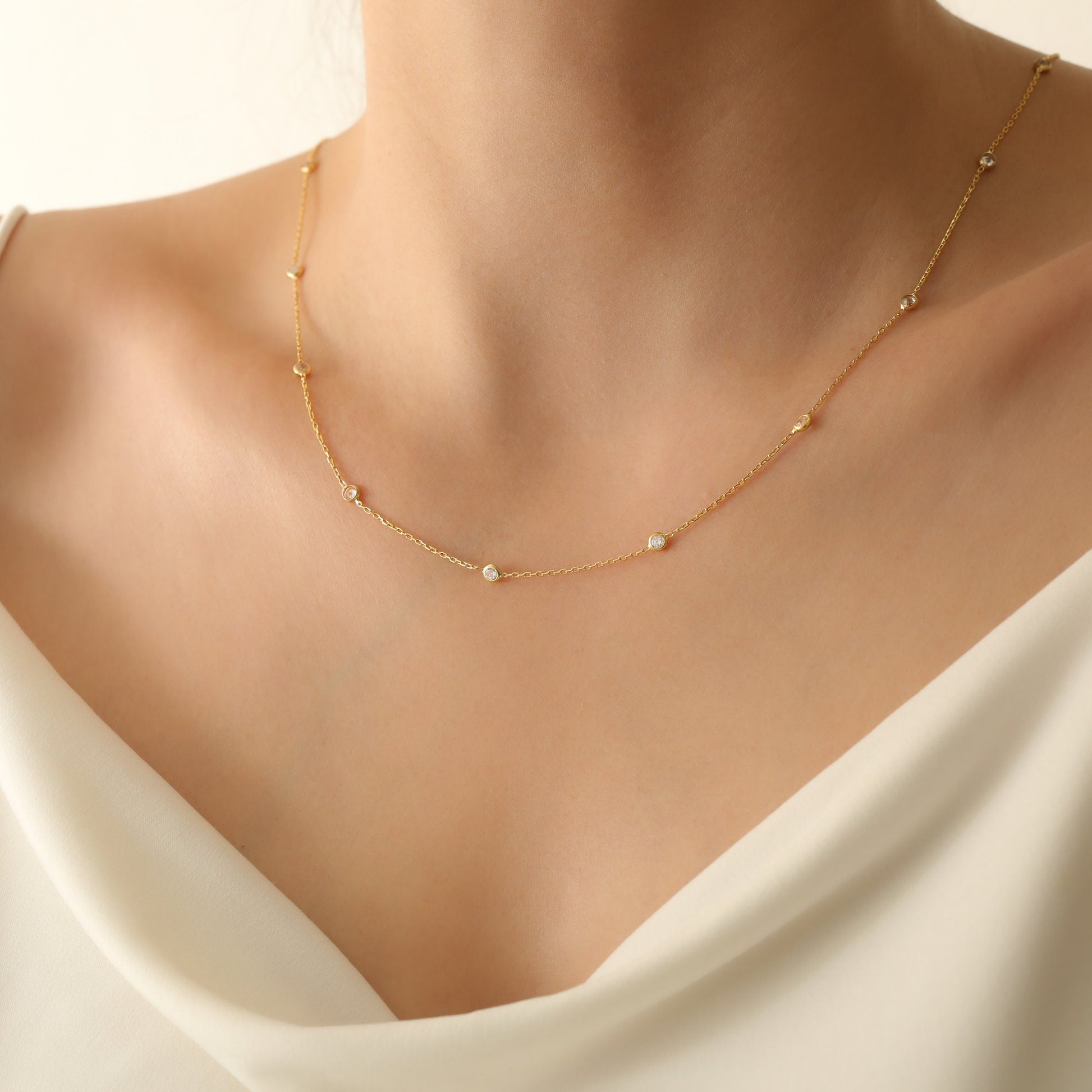 14K Diamond Chain Necklace, Gold Diamond Station Necklace, Dainty Necklace,Gift For Her, Birthday Gift,JX11