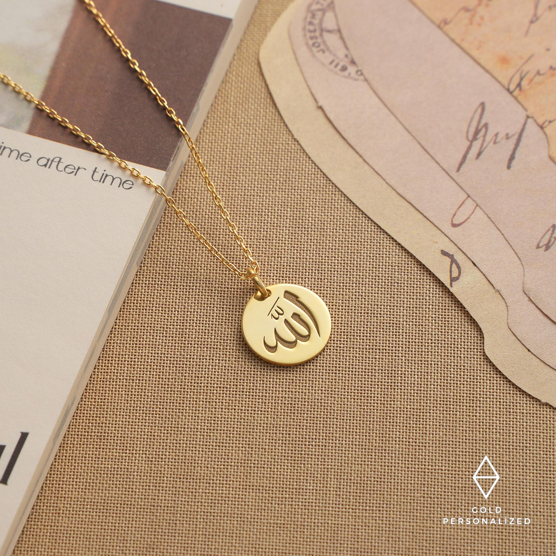 14k Solid Gold Allah Necklace-Gold Necklace-Islamic Art-Personalized Arabic Gift-Religious Necklace-Engraved Necklace-Ayatul Kursi-JX14
